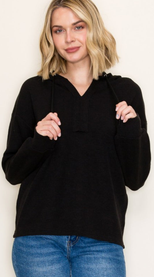 Black textured soft knit hoodie