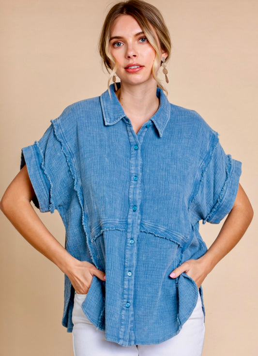 Blue gauze blouse with fray detail
