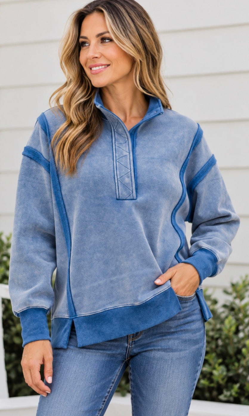 PREORDER NOW, Arriving tomorrow…Two tone blue henley sweatshirt