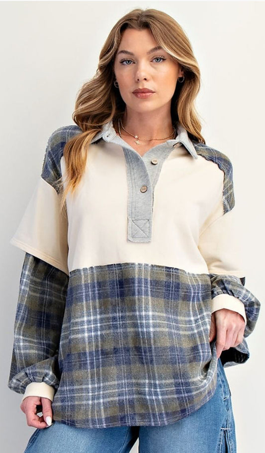 Cream/blue plaid mix henley sweatshirt