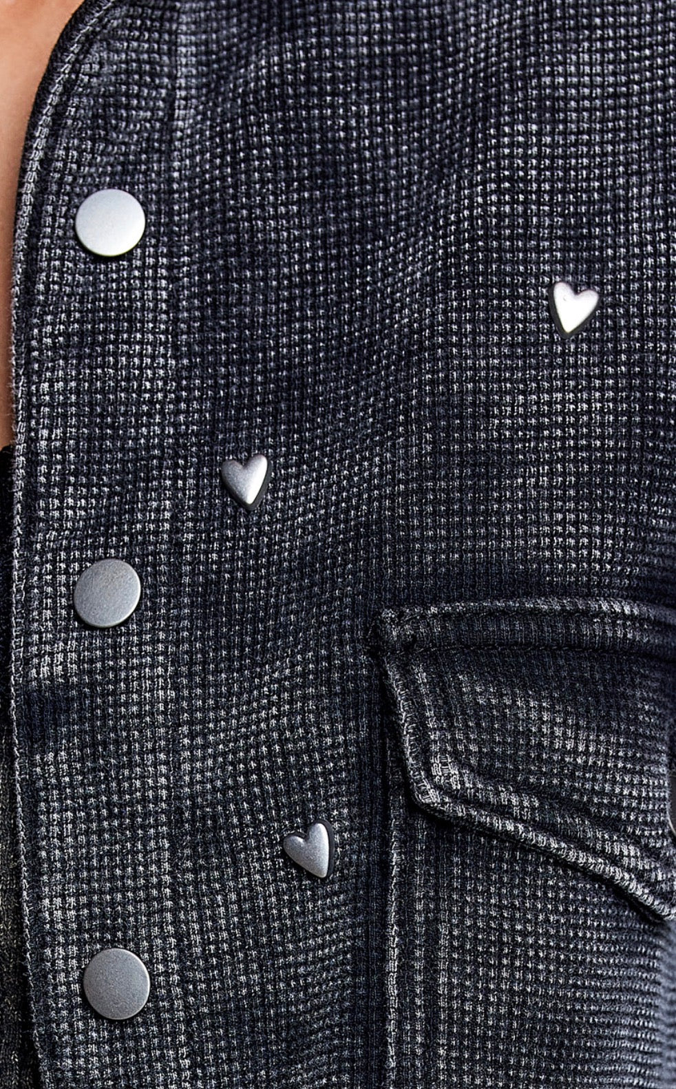 PREORDER NOW, Arriving Friday…Black loose fit waffle shacket with silver hearts all over