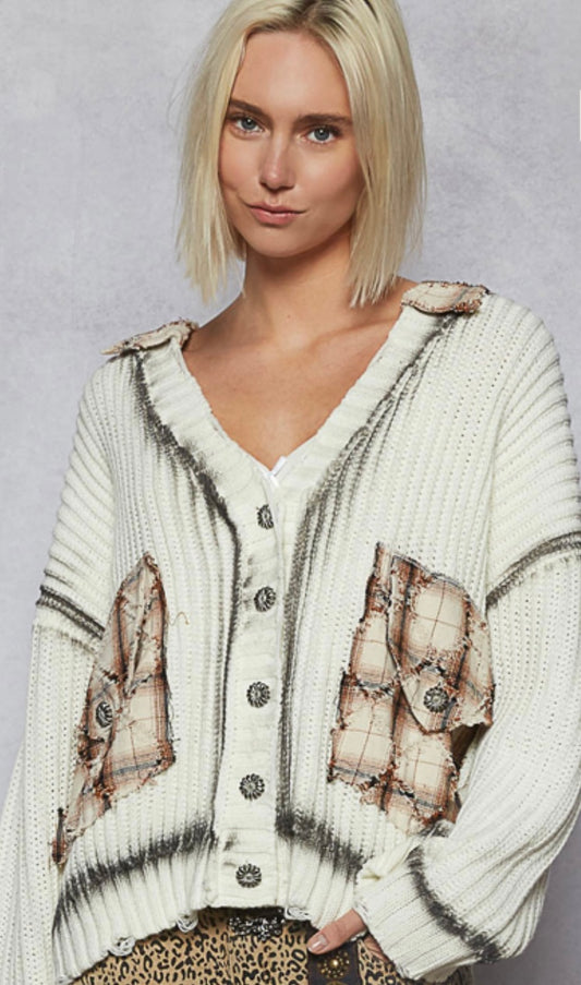 Ivory relaxed fit sweater knit cardigan with plaid patches