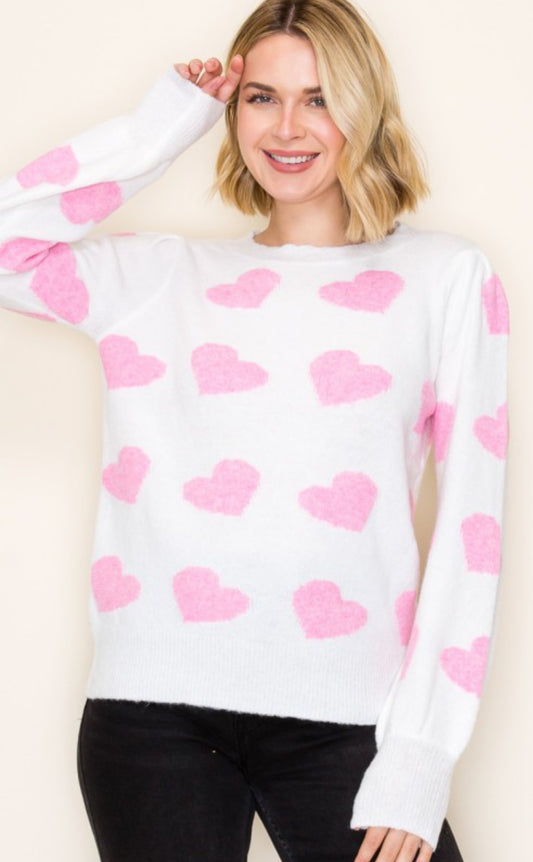 White soft sweater with pink hearts