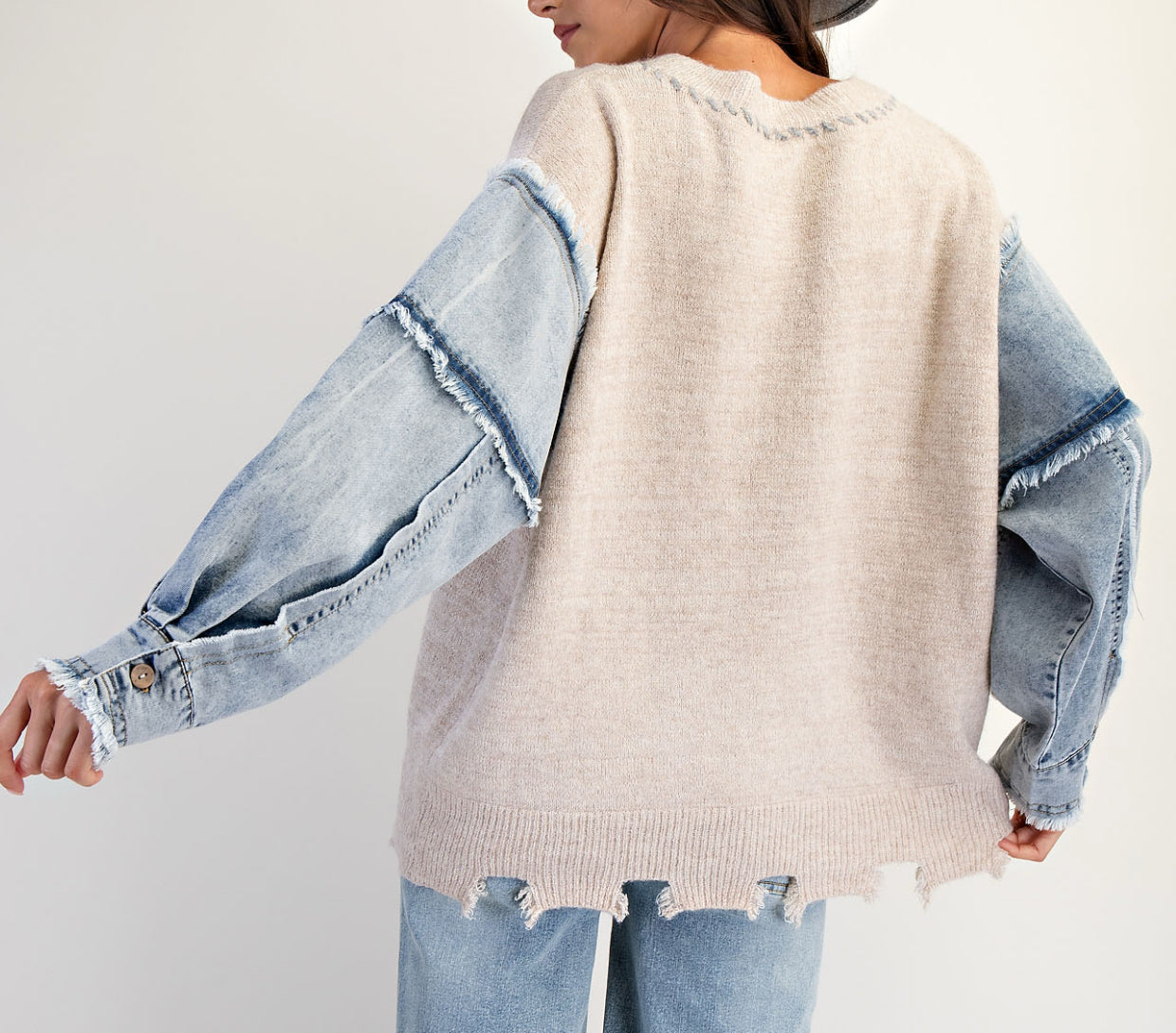 available in 2 colors! Lightweight sweater with heart and denim sleeves (see pic 2 for pink)