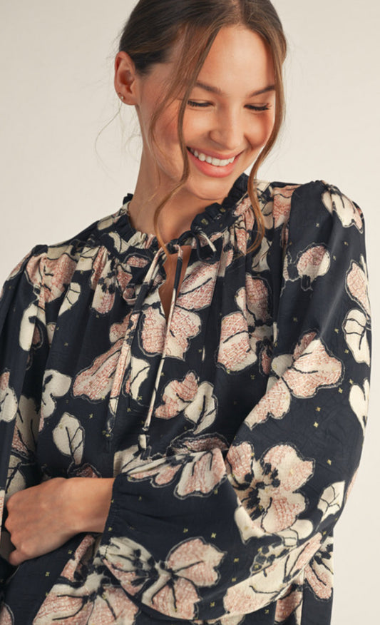 Black tie front top with tan flowers