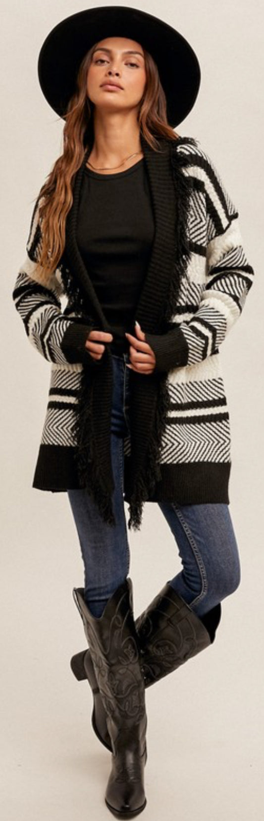 Black and white long sweater knit open cardigan with fringe