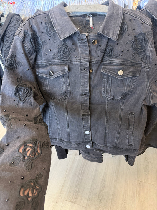 Grey/Black denim jacket lace flowers and studs