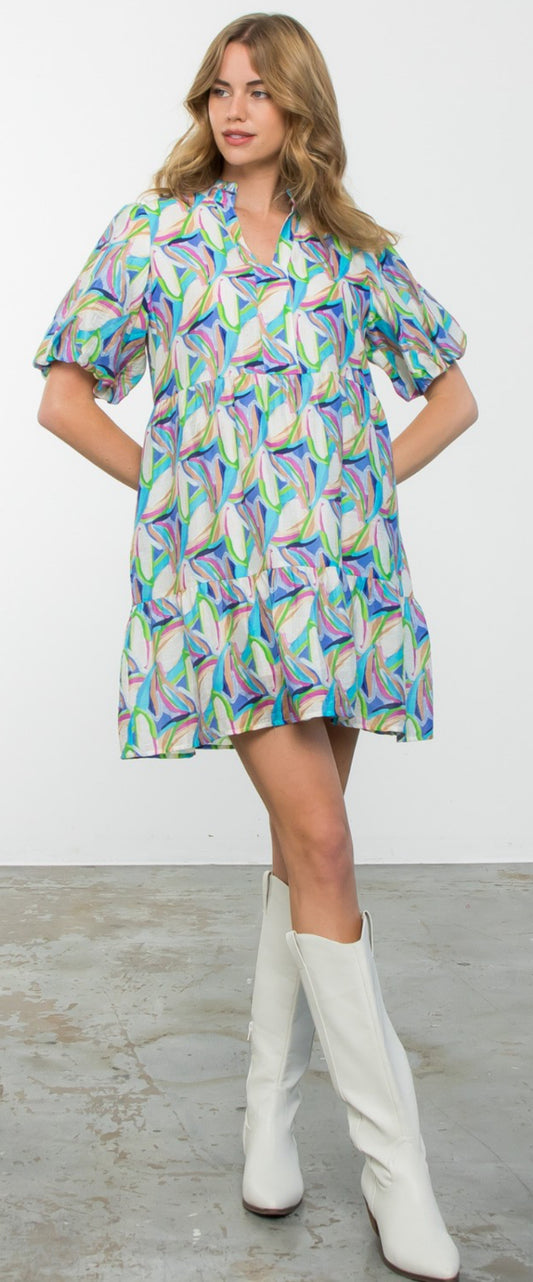 THML multi print puff sleeve dress