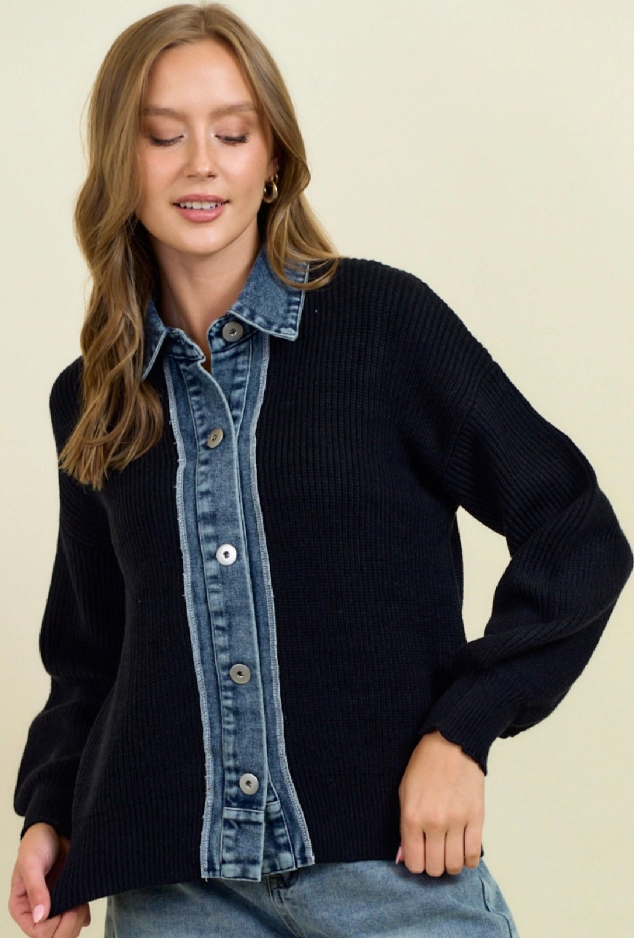 HOT ITEM: Black soft knit sweater with denim trim, RESTOCKED! Last shipment sold out in a day!
