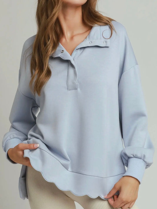 PREORDER NOW, Arriving Wednesday…Light blue soft scuba snap henley with scallop bottom