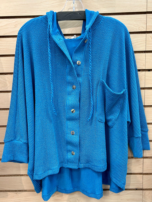 Turquoise rib knit loose fit button down hoodie