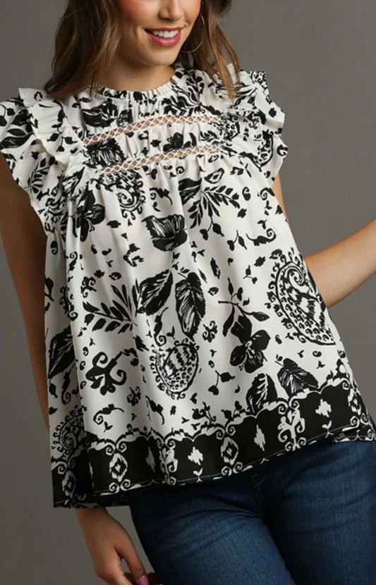 Black/white print tank with chest cutouts and flounce sleeves