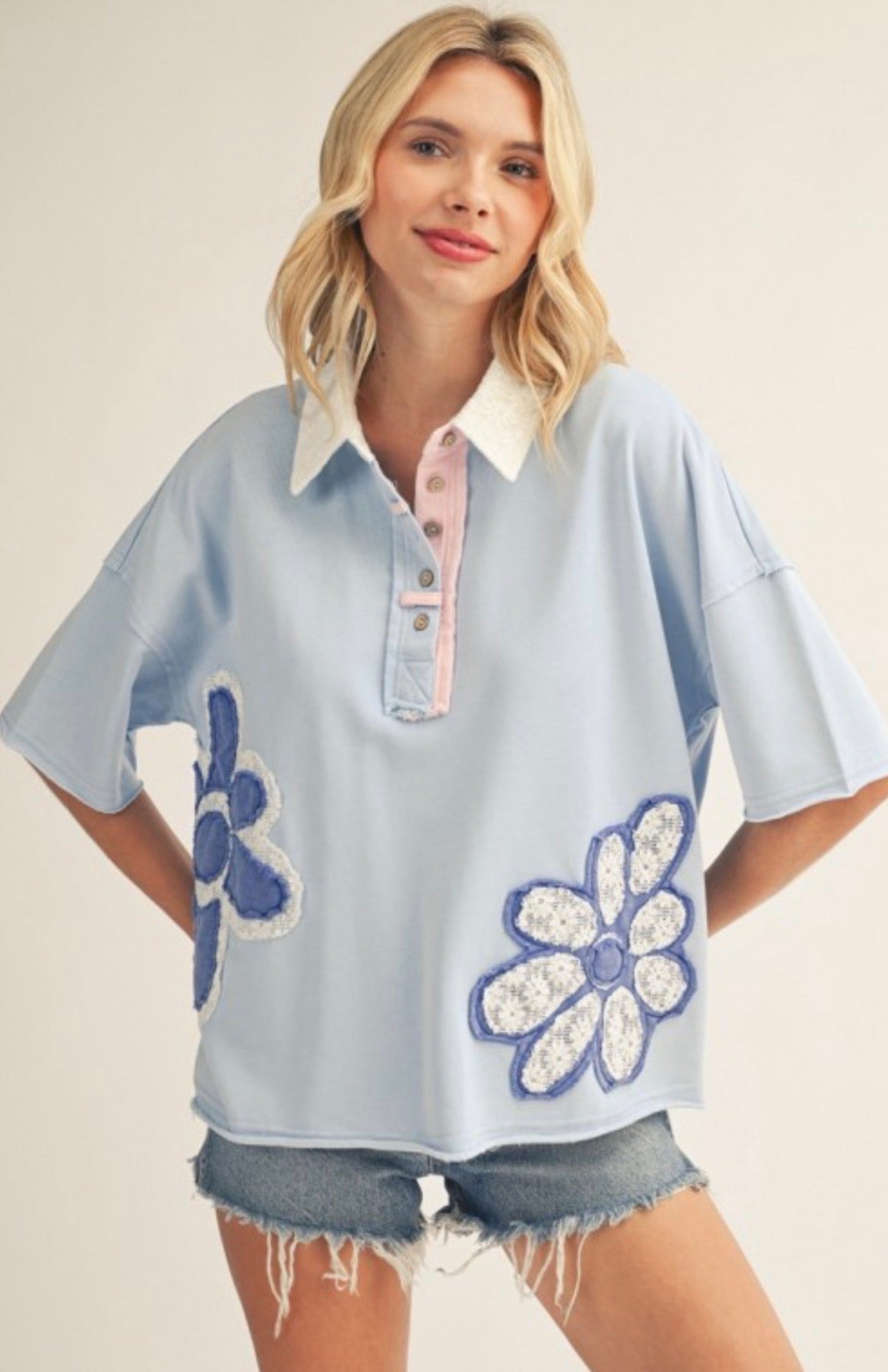 PREORDER NOW, Arriving Friday…Blue henley with daisies