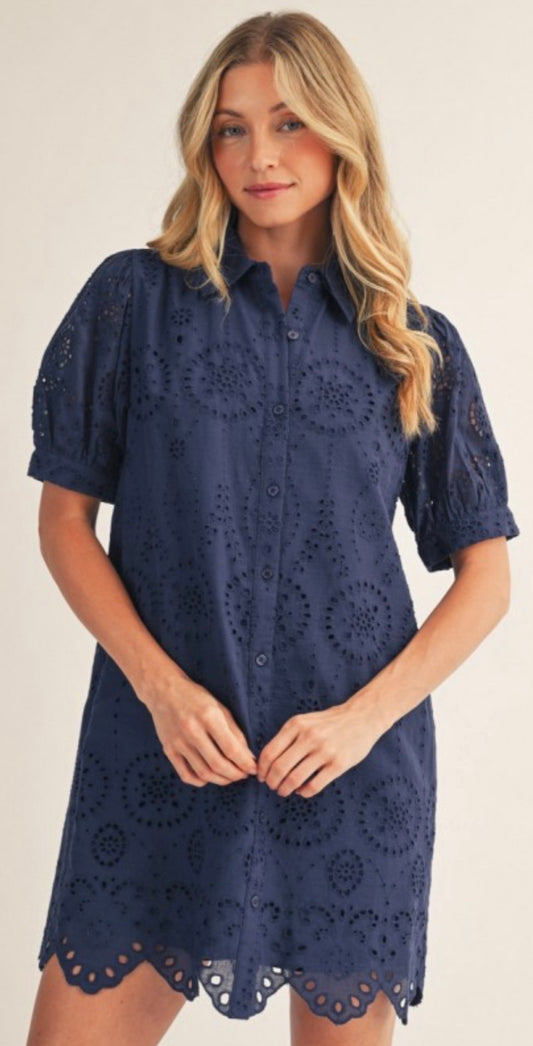 Navy eyelet short sleeve dress