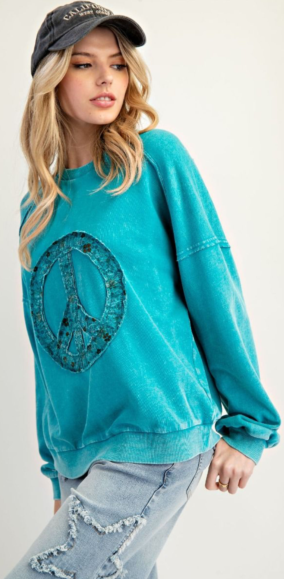 Teal floral peace patch crew neck sweatshirt