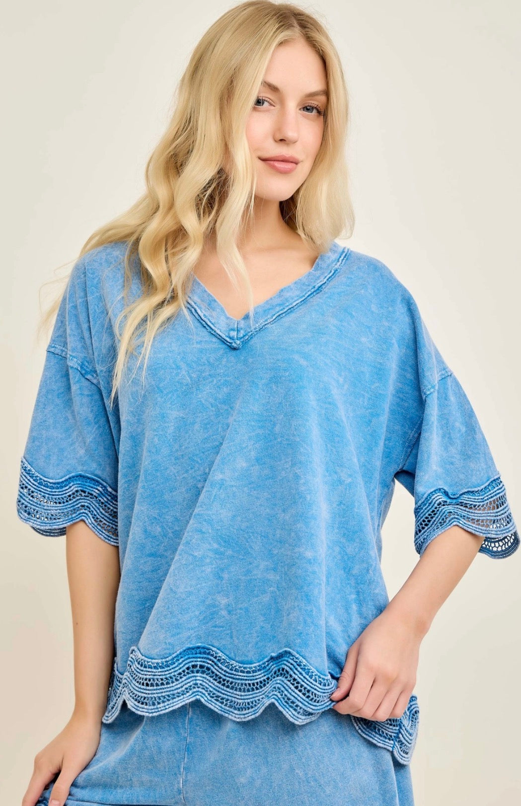 Blue mineral wash v neck with wave lace trim