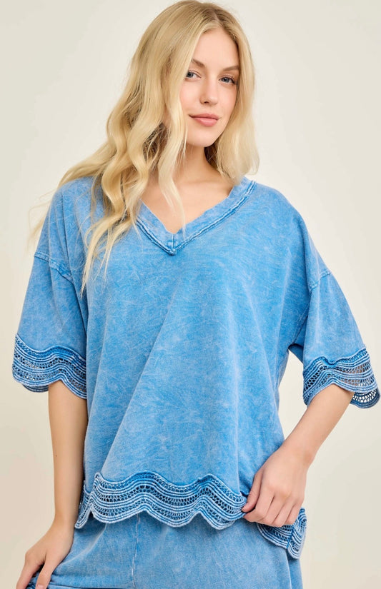 Blue mineral wash v neck with wave lace trim