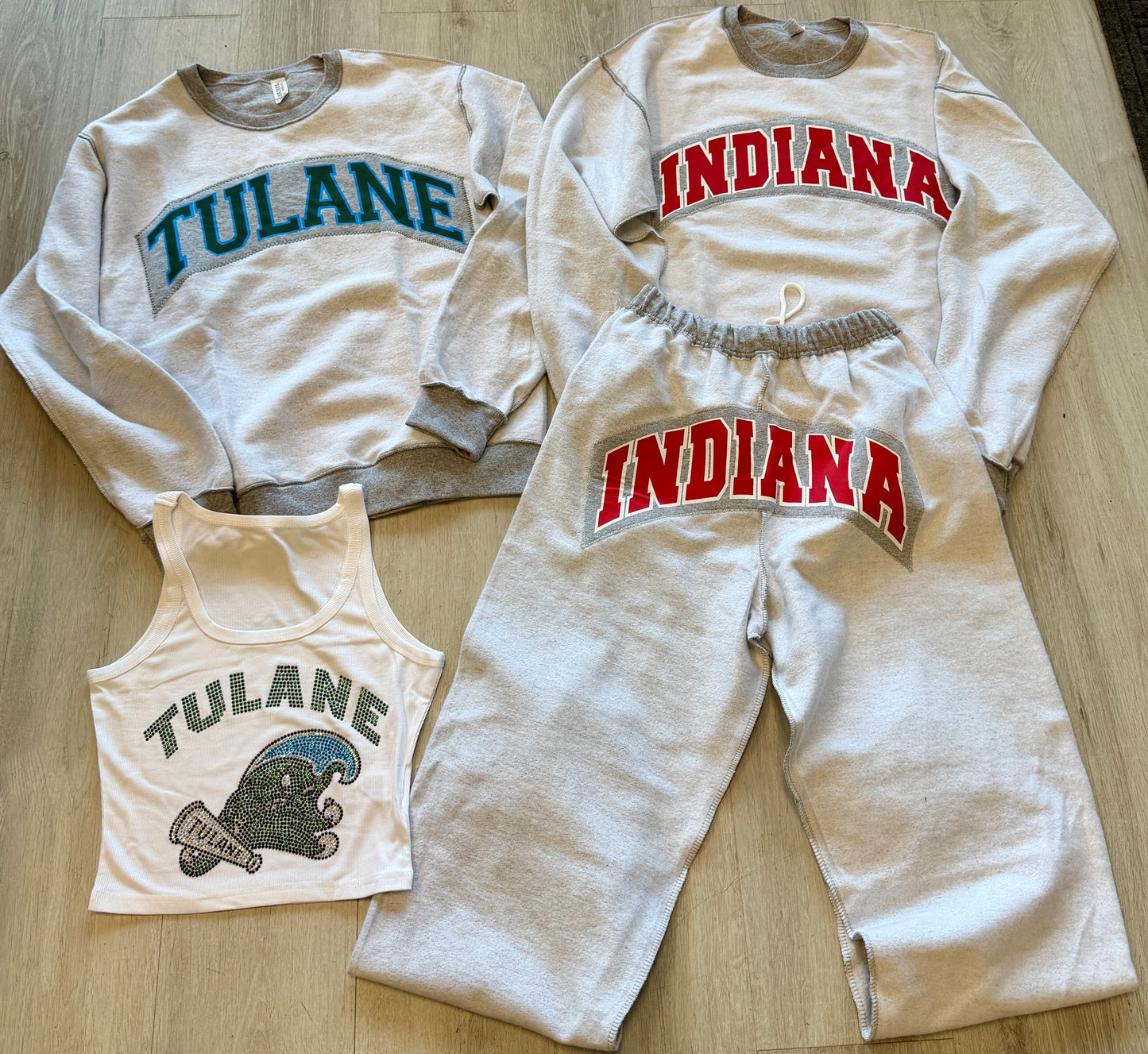 Custom & in stock inside out crew neck and sweats, sold separately (order for ANY school)see pics for front of pants