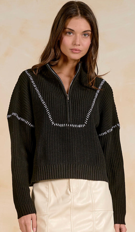 Black quarter zip sweater with white stitching