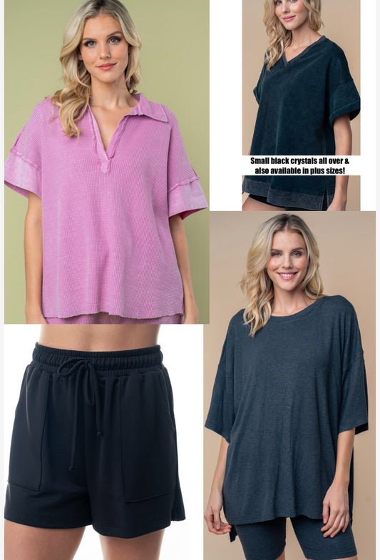 Assorted relaxed fit tops and shorts (some styles available in plus sizes, up to 3X)