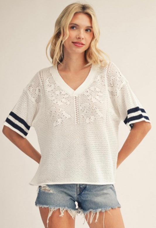 PREORDER NOW, Arriving Friday…White sweater knit top with floral detail and sleeve stripes