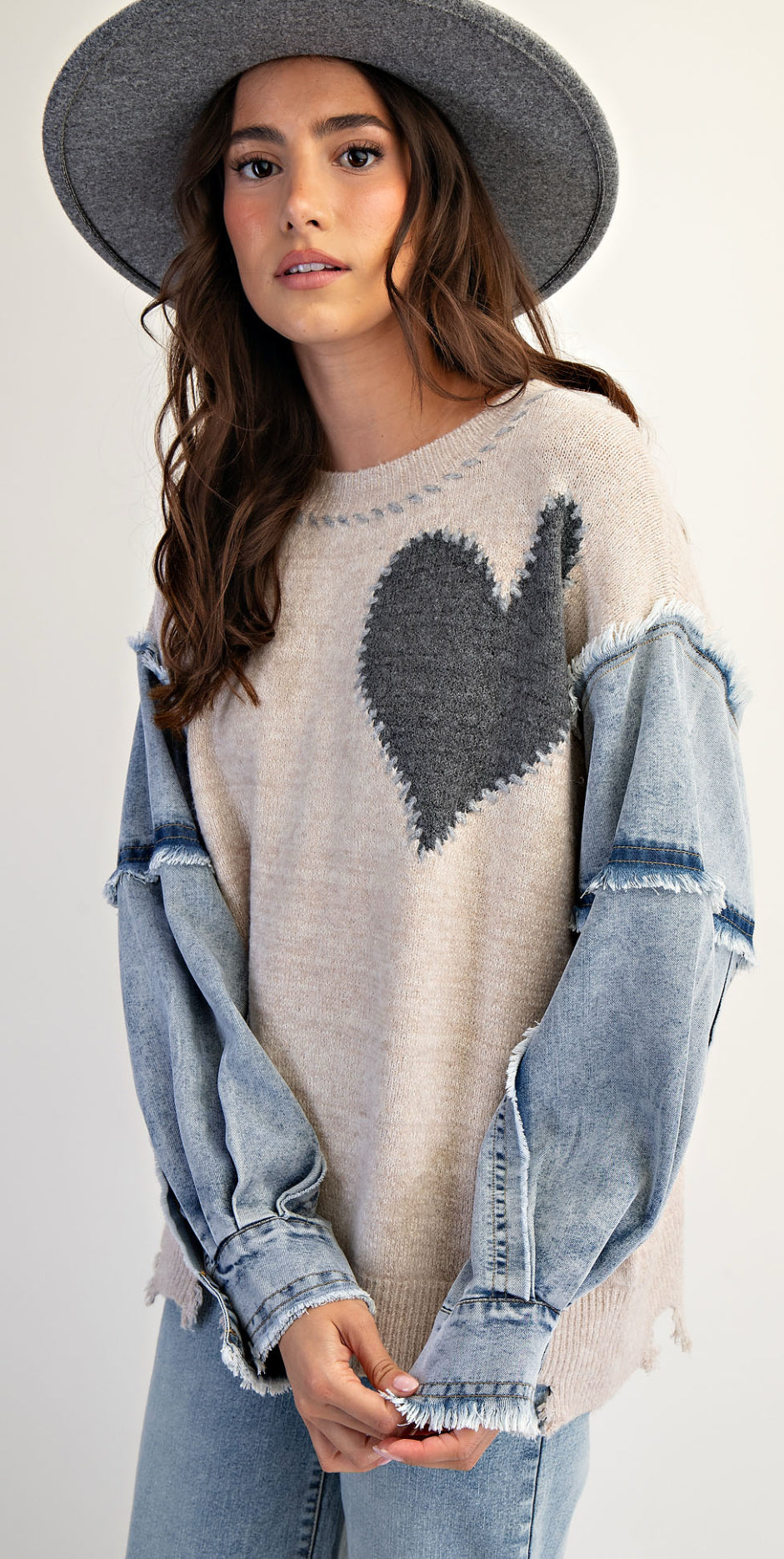 available in 2 colors! Lightweight sweater with heart and denim sleeves (see pic 2 for pink)