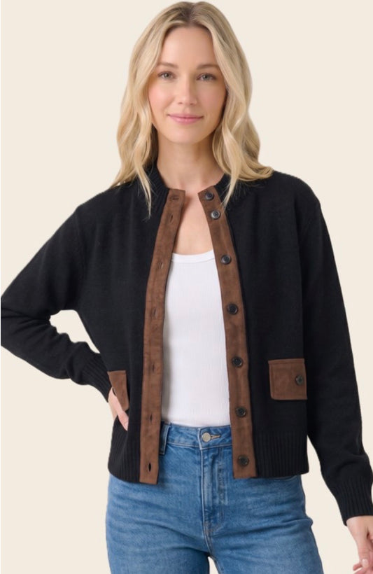 PREORDER NOW, Arriving Wednesday…Black soft knit cardigan with brown suede trim