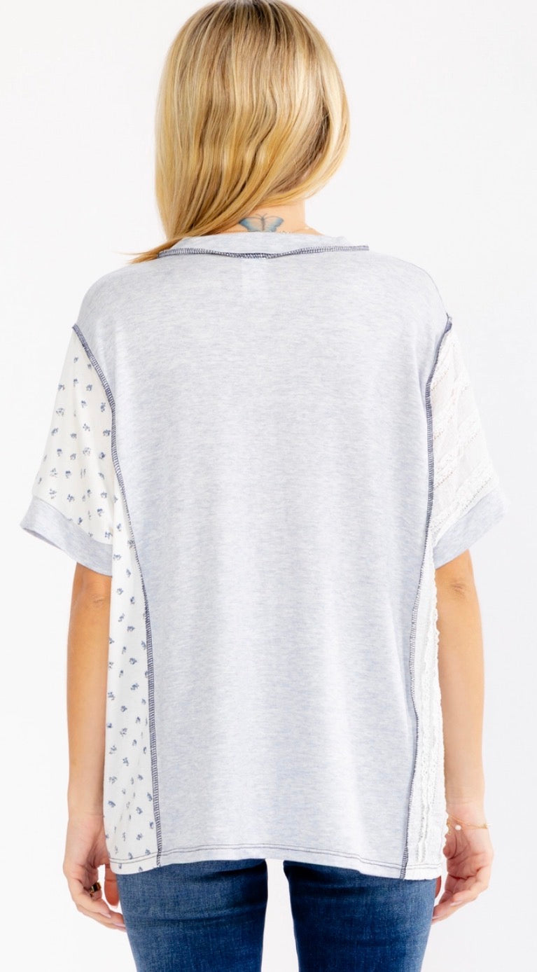 Lightweight v neck tee with crochet and floral inserts