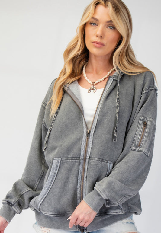 Grey soft zip hoodie with pockets