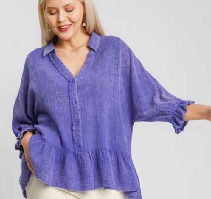 Plus size purple gauze flounce bottom top