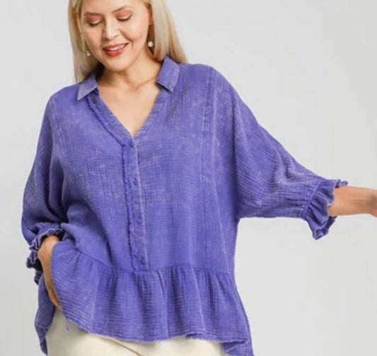 Plus size purple gauze flounce bottom top