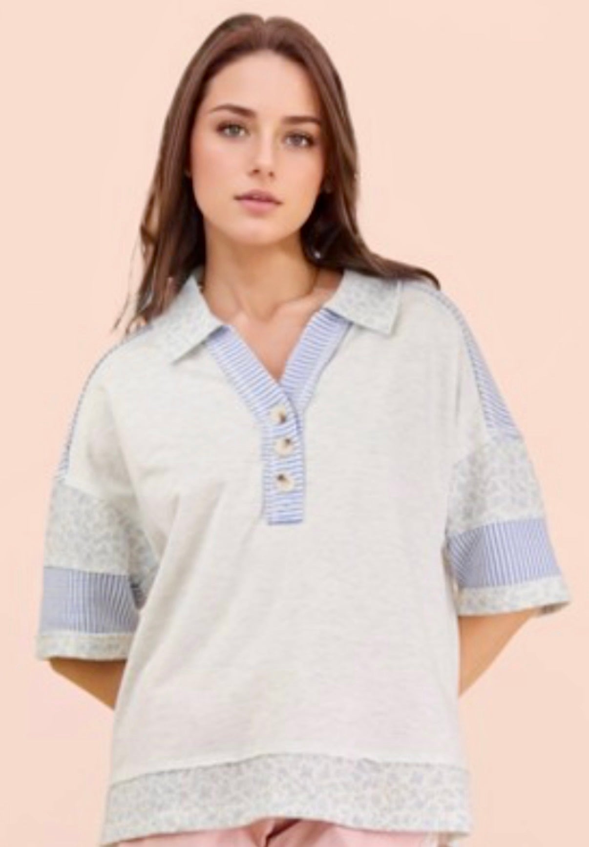 Grey collared top with blue stripes and flowers
