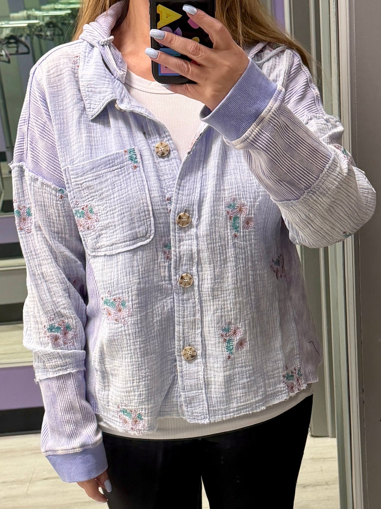 Lilac lightweight button down hoodie with embroidered flowers