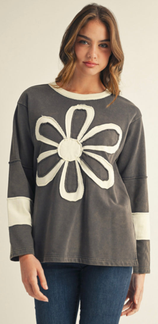 Grey sweatshirt with white daisy and sleeve stripes
