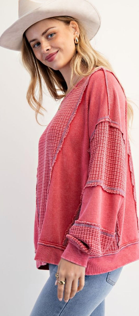 Faded red oversized thermal with contrast stitching