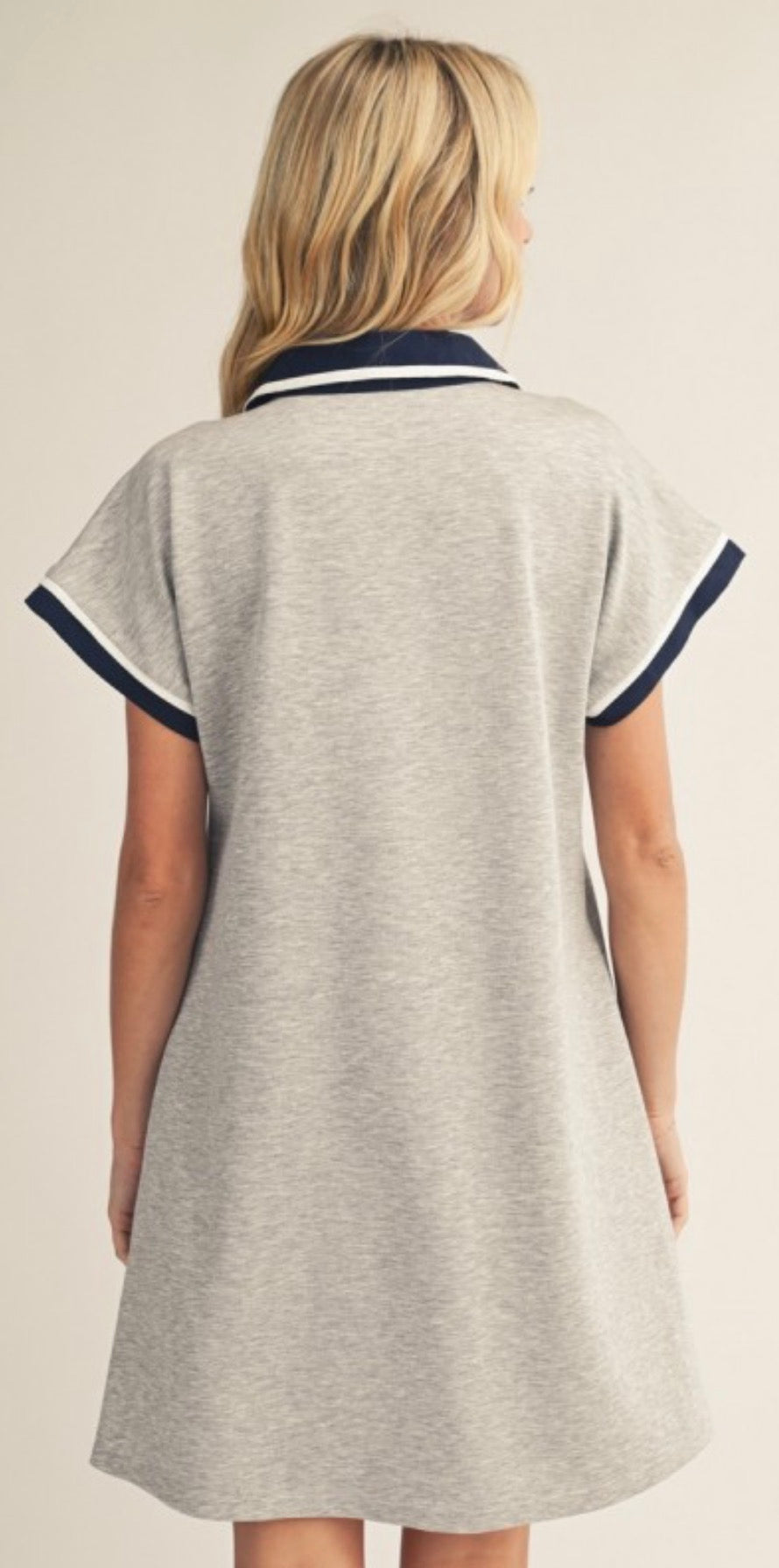 Grey relaxed fit v neck dress with navy and white colorblock