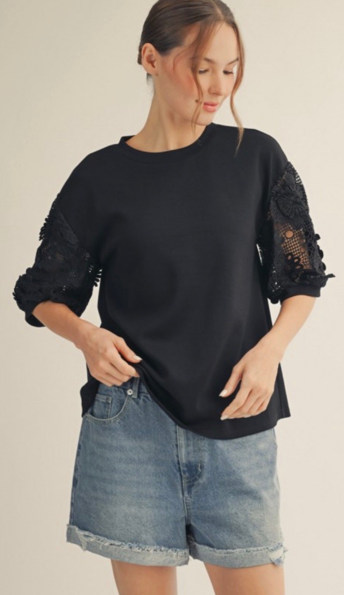 Black relaxed fit top with lace sleeves