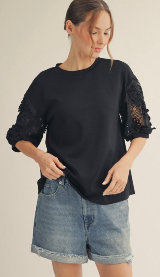 Black relaxed fit top with lace sleeves