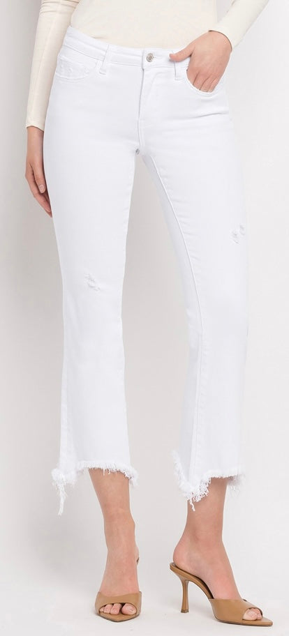 Mid rise white stretch crop fray bottom jeans