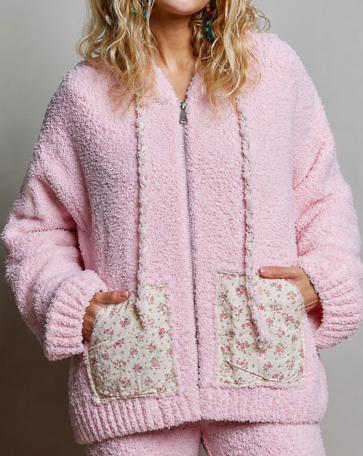 PREORDER NOW, Arriving Thursday…Pink cozy knit plush zip hoodie with floral pockets