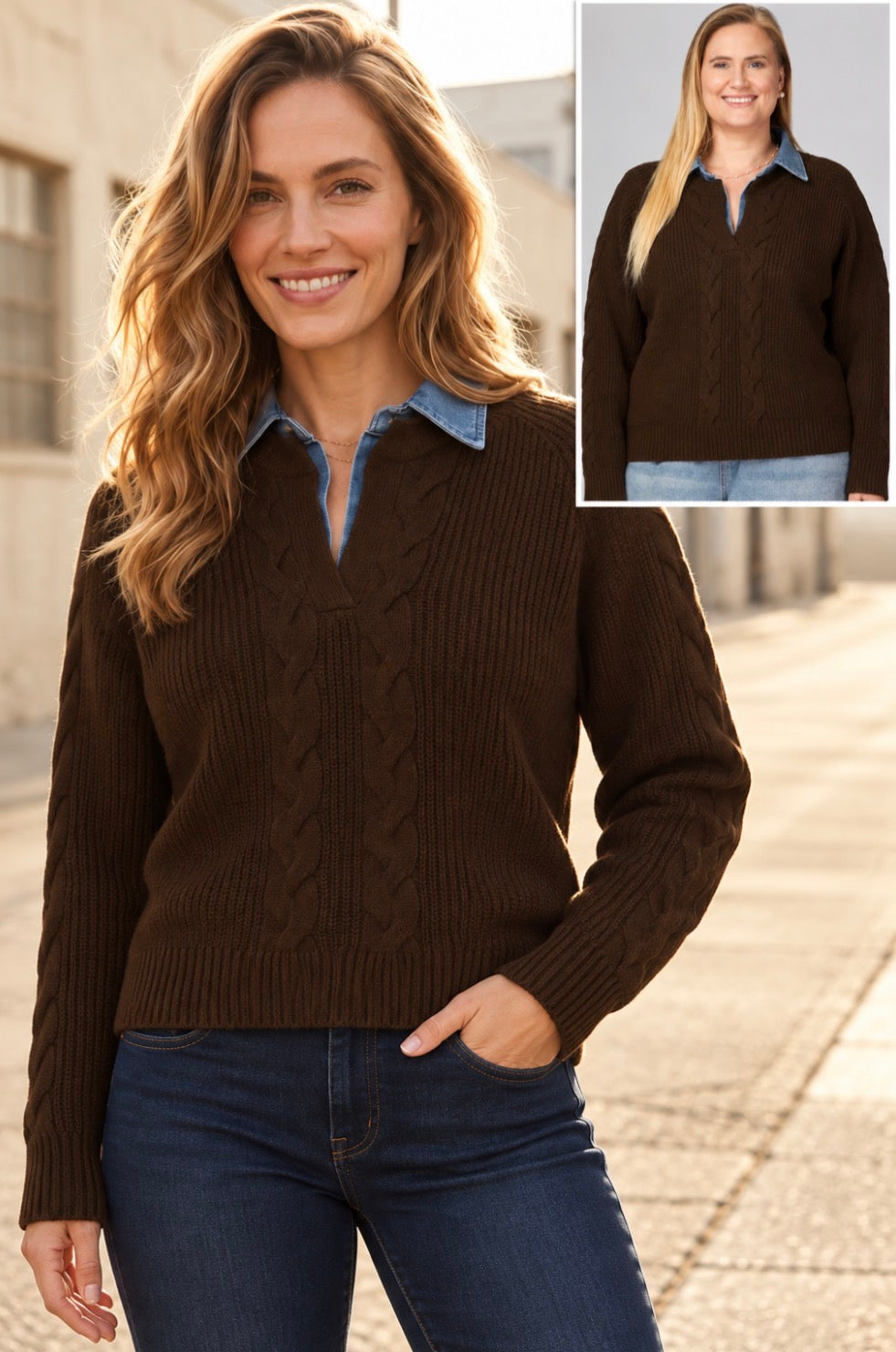 PREORDER NOW, Arriving Friday…Brown cable sweater with denim collar, also available in PLUS SIZE