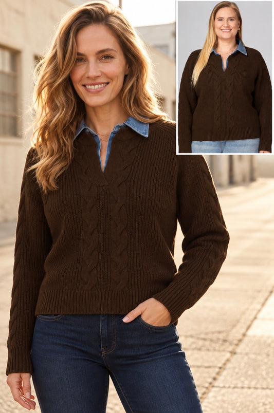 PREORDER NOW, Arriving Friday…Brown cable sweater with denim collar, also available in PLUS SIZE