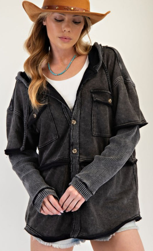 Black thermal sleeve button down hooded shacket