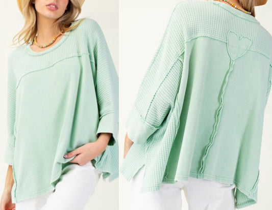 Green oversized fit soft waffle top with heart back