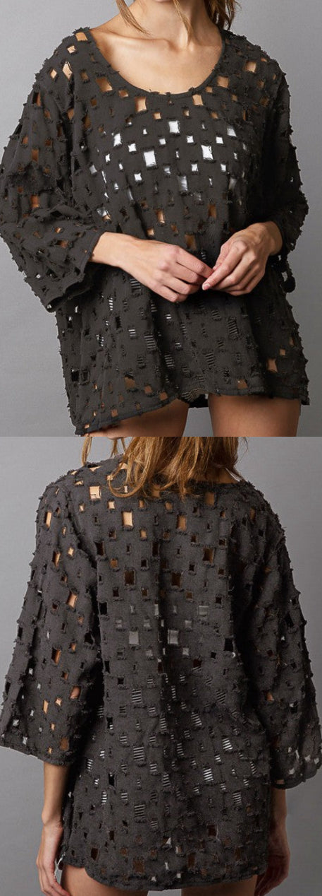 PREORDER NOW, Arriving Tuesday...Dark grey see through squares relaxed fit top
