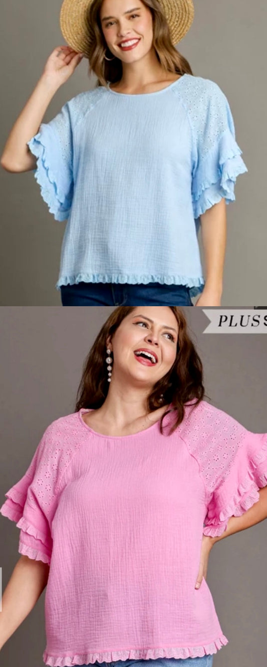 Linen tops with eyelet and ruffle sleeves (also available in plus sizes)