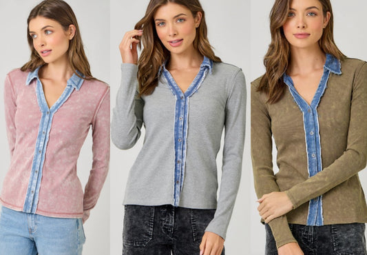 Denim trim soft knit tops with collar