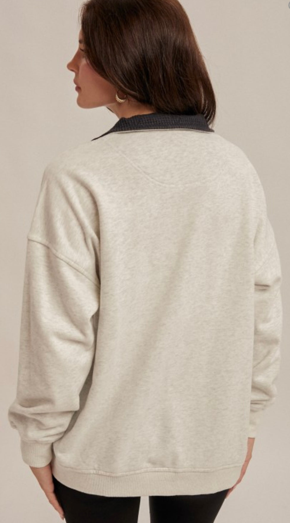 Grey soft sweatshirt with black thermal collar