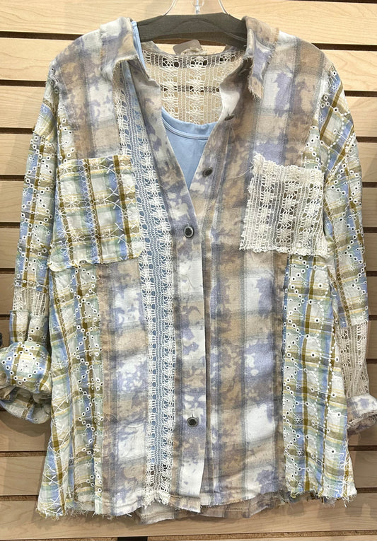 Blue combo lightweight, oversized flannel with crochet inserts