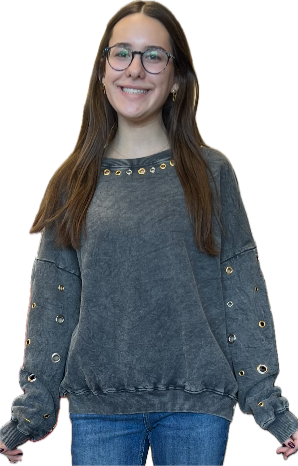 Assorted lightweight sweaters and sweatshirts with embellishments